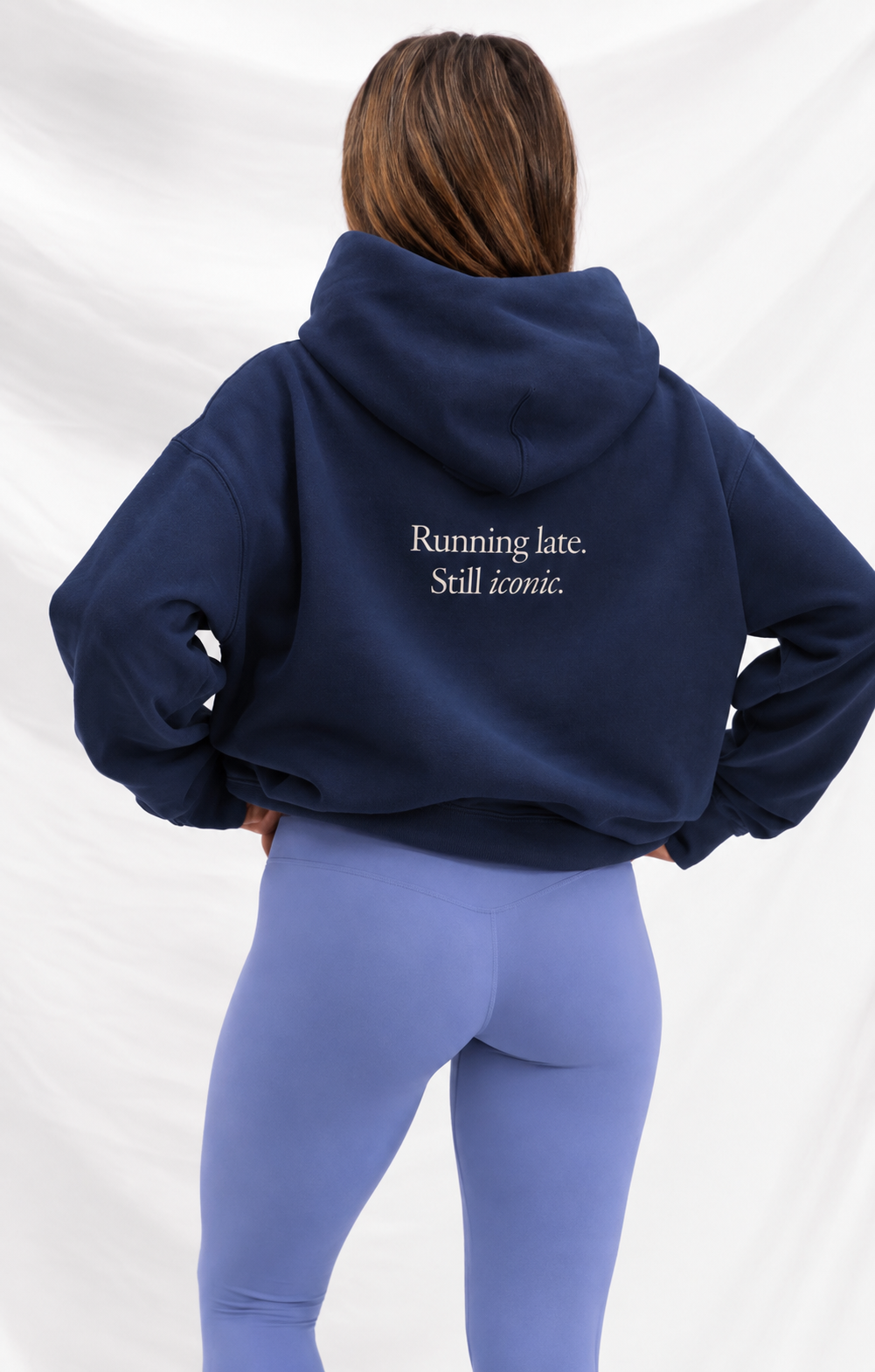 Running late still iconic- navy hoodie